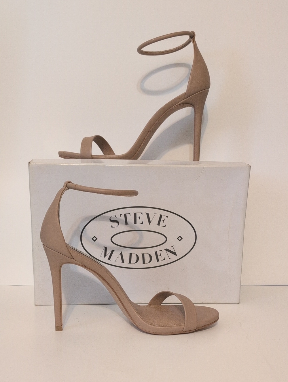 Steve Madden Taupe Ankle-Strap Stiletto Sandals